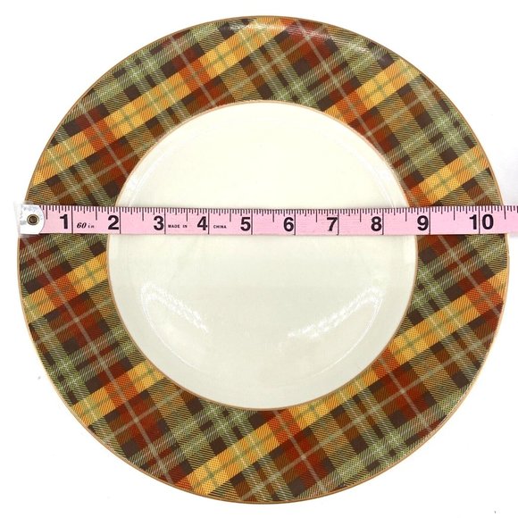 Pier 1 Harvest Plaid Dinner Plate Brown Orange Green Gold White Center 10.5" - Picture 5 of 5